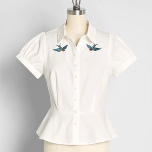 White Peplum Bird Blouse